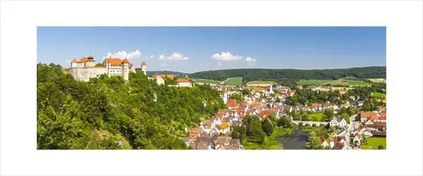 Elevated view over picturesque Harburg Castle & Old Town Center, Harburg, Bavaria