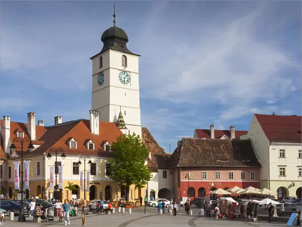 Romania, Transylvania, Sibiu, Piata Mica Square and Council Tower