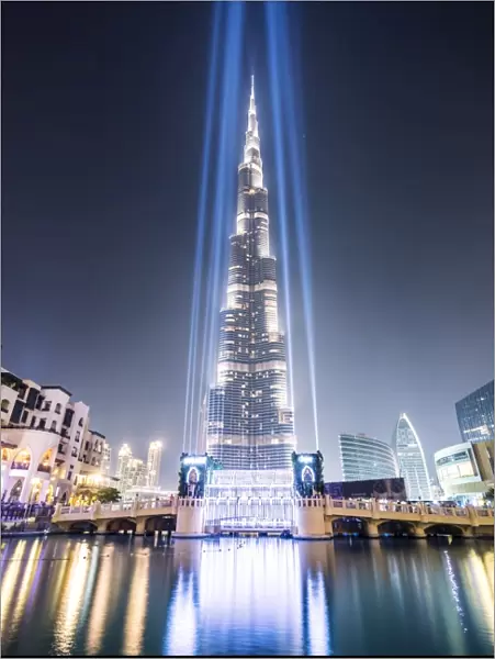 United Arab Emirates, Dubai. Burj Khalifa at dusk, with light show