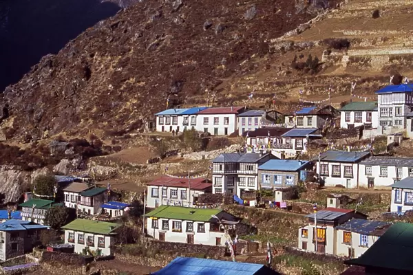 Brightly painted roofs of the tightly packed houses in Namche Bazaar