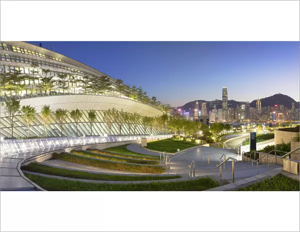 West Kowloon High Speed Rail Station and skyline at dusk, Kowloon, Hong Kong