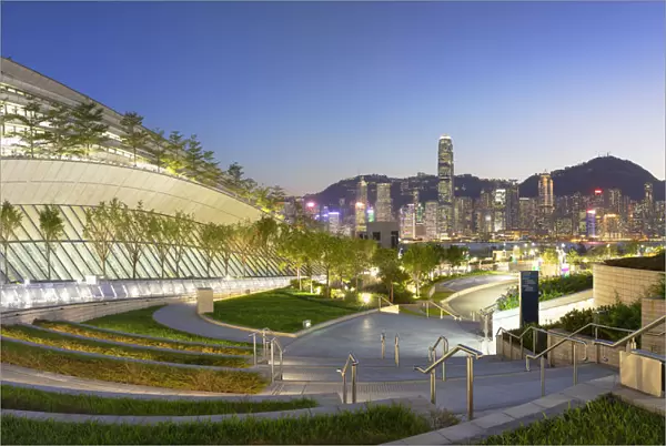 West Kowloon High Speed Rail Station and skyline at dusk, Kowloon, Hong Kong