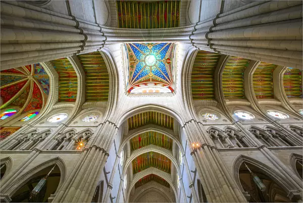 Interior and The Square Cupola of Almudena Cathedral, Madrid, Spain