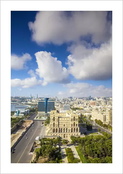 Azerbaijan, Baku, View of city looking towards Government House, Hilton Hotel, The