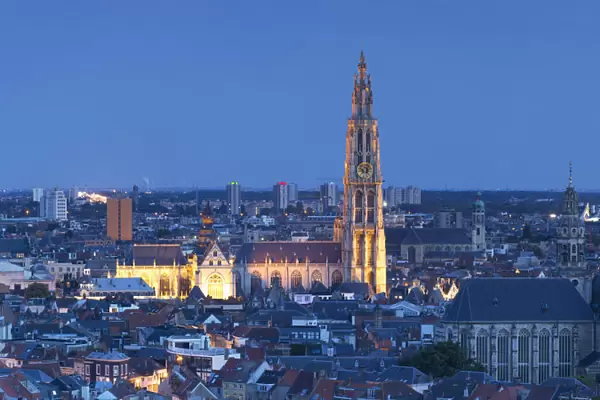 Onze-Lieve-Vrouwe Cathedral at dusk, Antwerp, Flanders, Belgium