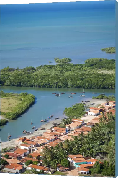 South America, Brazil, Ceara, Aerial of Aranau fishing village near Acarau between
