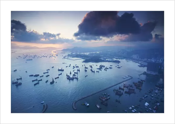 Aerial view of ships in Yau Ma Tei typhoon shelter, Kowloon, Hong Kong, China