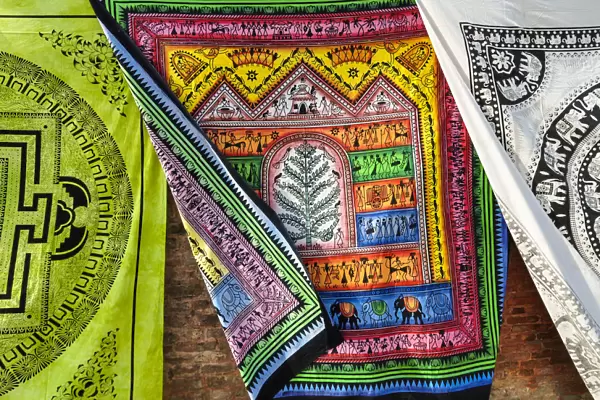 Silk fabrics printed by hand in the streets of Kathmandu, Nepal, Asia
