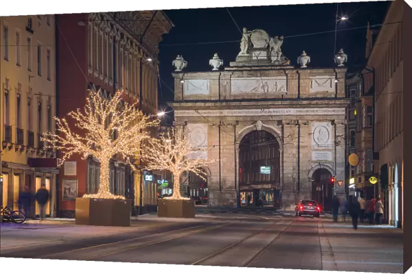 The Triumphal Arch of Innsbruck with the christmas lights, Tyrol, Austria, Europe
