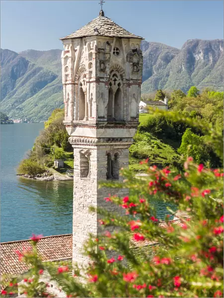 Gothic bell tower of S. Mary Magdalene church in Ospedaletto and Isola Comacina in