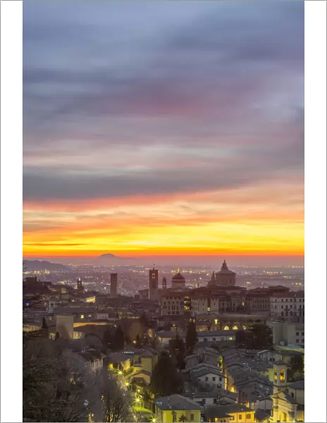 Sunrise light on Bergamo Alta, Bergamo, Lombardy, Italy