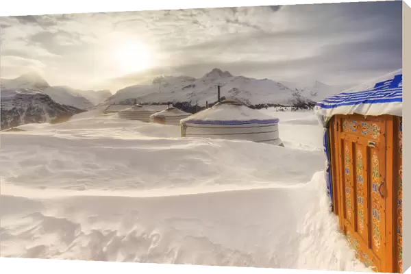 Winter blizzard at Mongolian tent at Alp Flix, Sur, Surses, Parc Ela, Region of Albula
