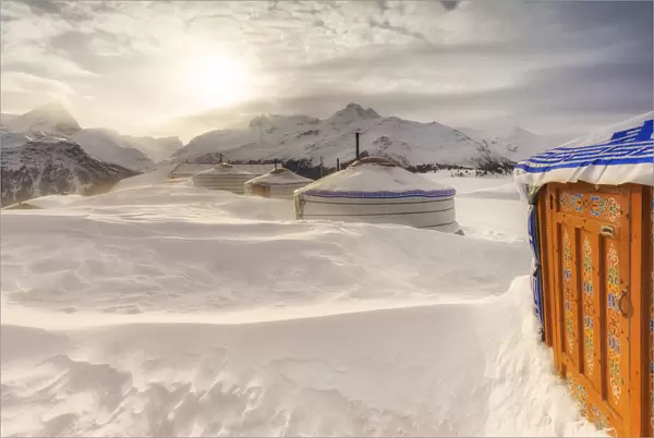Winter blizzard at Mongolian tent at Alp Flix, Sur, Surses, Parc Ela, Region of Albula