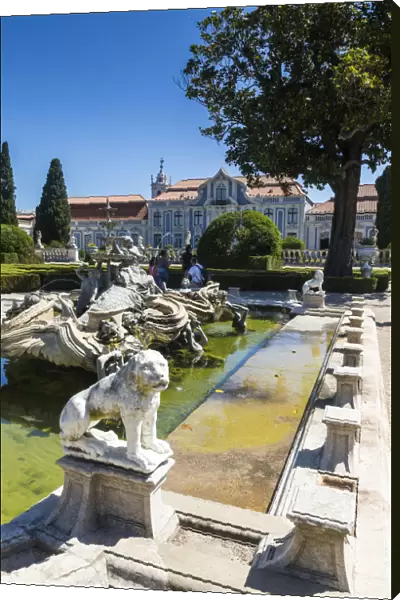 Fountains and ornamental statues in the gardens of the royal residence of Palacio