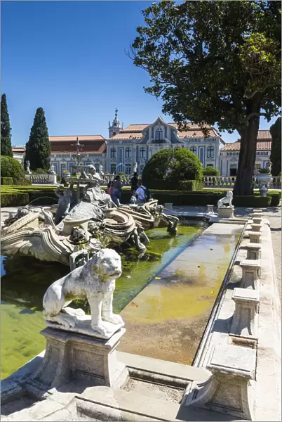 Fountains and ornamental statues in the gardens of the royal residence of Palacio