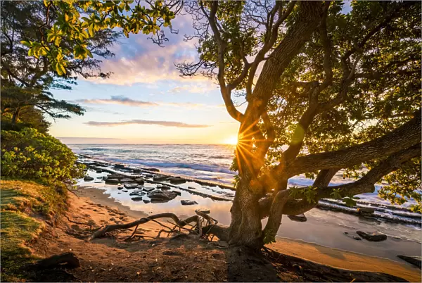 Sunrise in Kapaa beach park, Kauai island, Hawaii, USA
