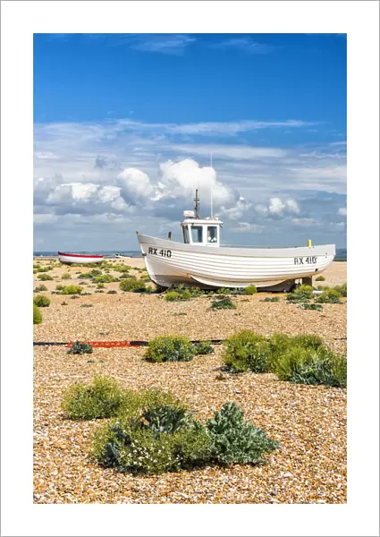 Fishing boats on Dungeness shingle beach, Kent, England