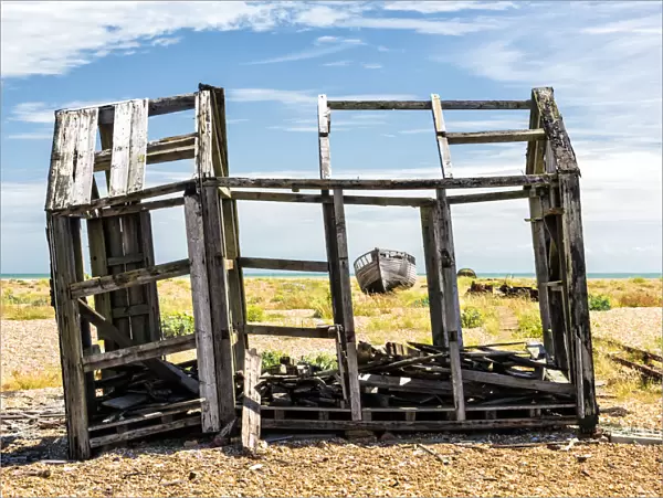 Remains of the old wooden fishing hut, Dungeness, Kent, England