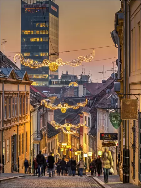 Sunset view of a street in Gornji Grad or upper town adorned with Christmas lights