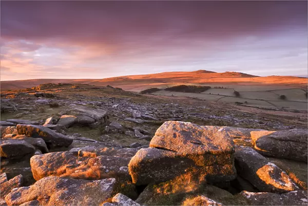 Sunrise over Belstone Tor, looking towards Yes Tor and High Willhays, the highest