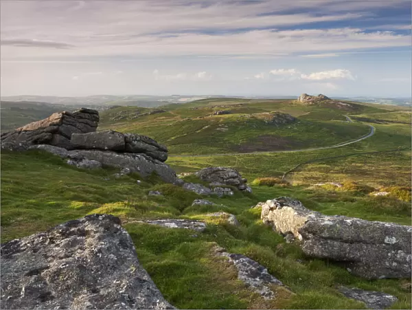 View towards Haytor and Saddle Tor from Rippon Tor, Dartmoor, Devon, England. Summer