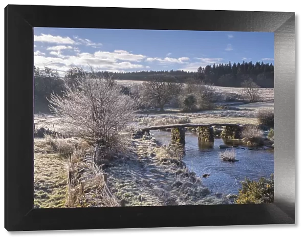 Frosty winter conditions at the old clapper bridge at Postbridge, Dartmoor, Devon