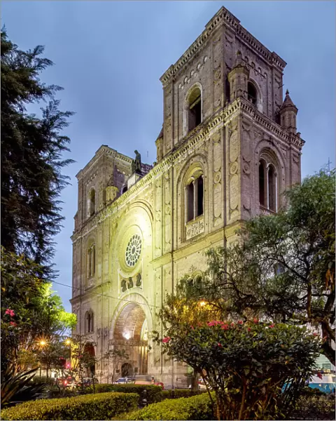 Cathedral of the Immaculate Conception at twilight, Calderon Park, Cuenca, Azuay Province