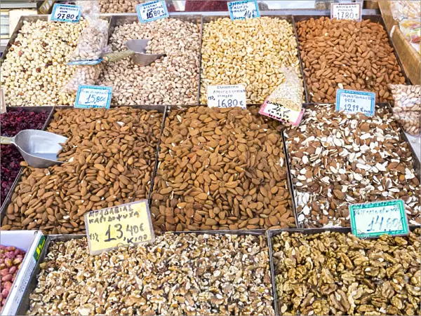 Different type of nuts at the Central Market in Athens, Greece