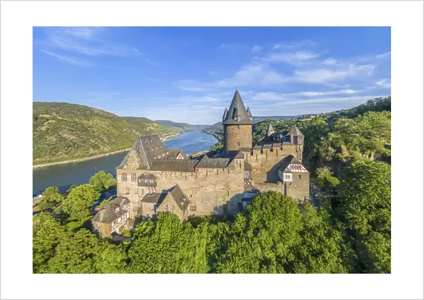 Aerial view at Stahleck castle with river Rhine at Bacharach, Rhine valley