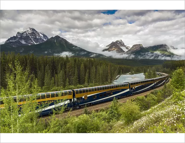 Rocky Mountaineer passenger train at Morants Curve, Banff National Park, Alberta