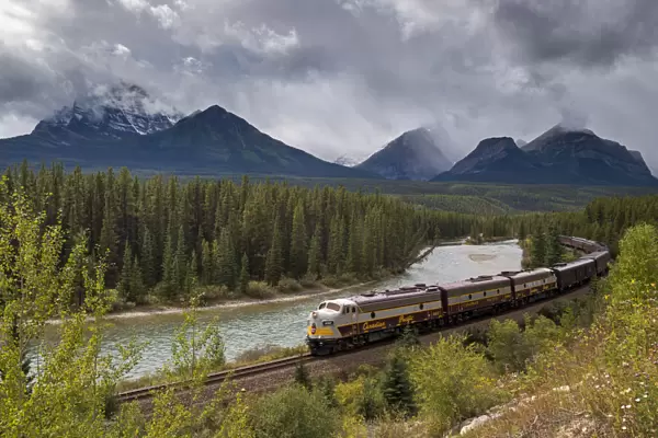 Canadian Pacific passenger train at Morants Curve in Banff National Park