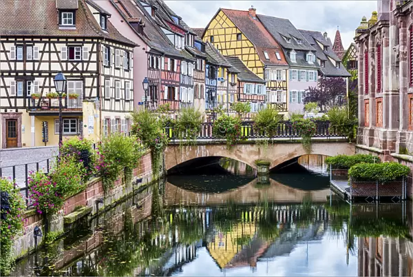 Timbered Buildings Reflecting in Canal, Colmer, Alsace, France