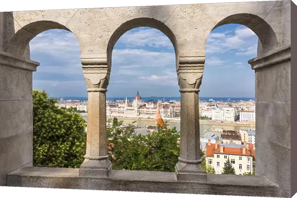 Views towards Danube and Hungarian Parliament from the arches of Fishermans Bastion