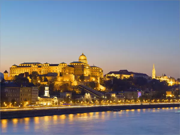 Buda Castle, Fishermans Bastion and River Danube at sunset, Budapest, Hungary