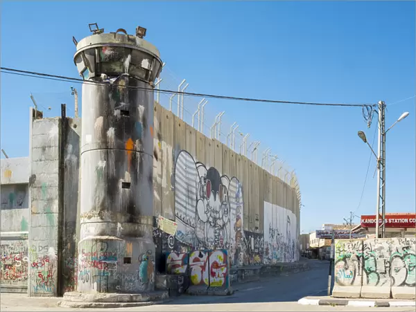 A lookout tower covered in graffiti along the Israeli West Bank Barrier wall, Bethlehem