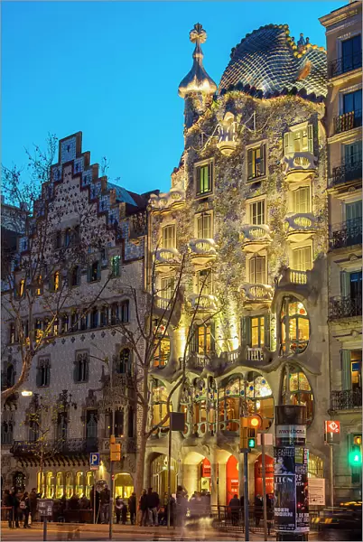 Night view of Casa Batllo by Antoni Gaudi, Barcelona, Catalonia, Spain