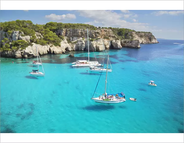 View of Cala Macarella and sailboats, Menorca; Balearic Islands; Spain; Europe