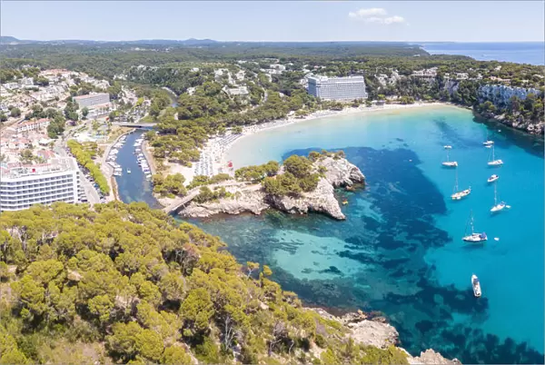 Aerial panoramic of Cala Galdana beach, Menorca, Balearic Islands, Spain
