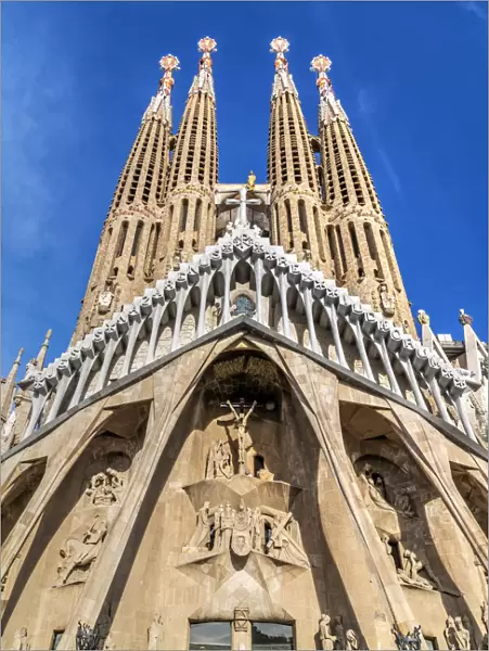The Passion Facade of Sagrada Familia basilica church, Barcelona, Catalonia, Spain