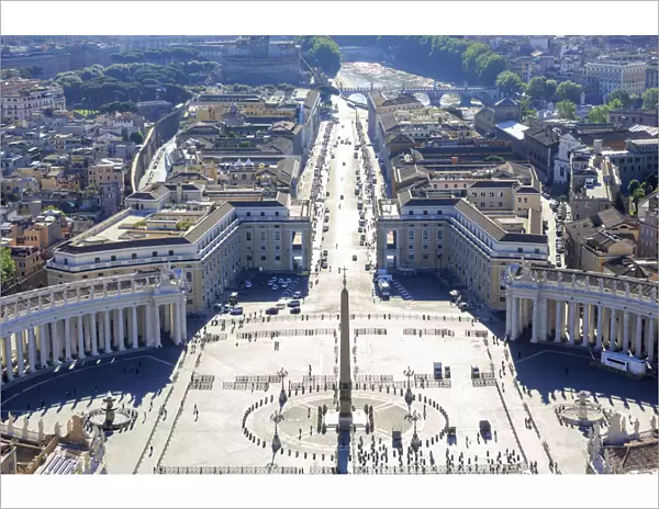 Italy, Rome, elevated view of St. Peter Basilica and Conciliazione street at sunrise