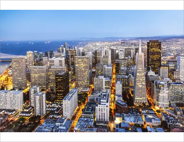 Aerial of downtown district with Transamerica pyramid at dusk, San Francisco, California