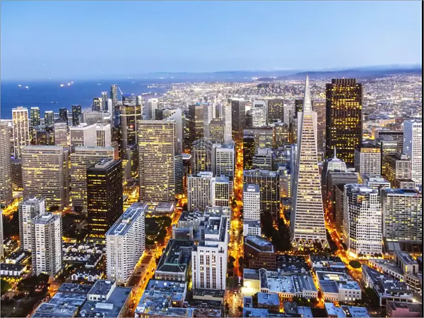 Aerial of downtown district with Transamerica pyramid at dusk, San Francisco, California