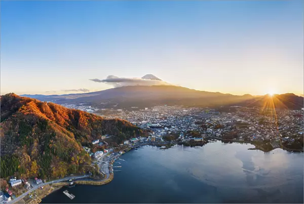 Aerial view of lake Kawaguchi and Mt Fuji at sunset, Yamanashi Prefecture, Japan