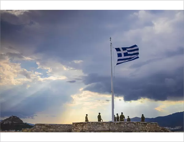 Greece, Attica, Athens, Flag raising ceremony at The Acropolis