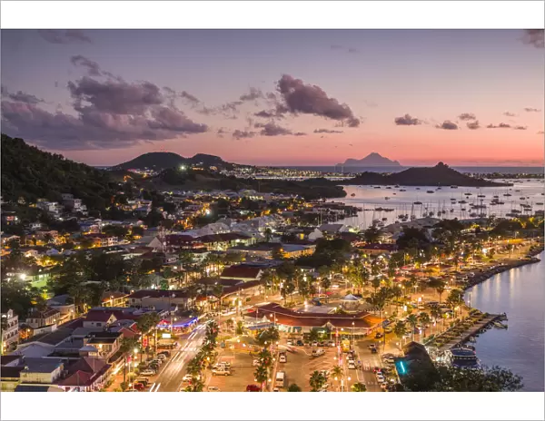 French West Indies, St-Martin, Marigot from Fort Louis, dusk