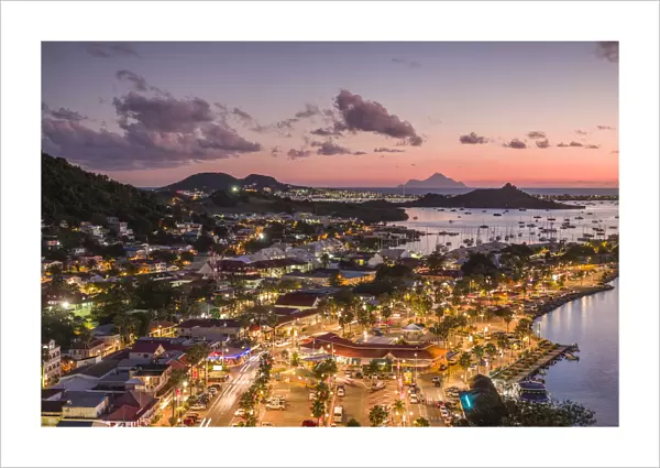 French West Indies, St-Martin, Marigot from Fort Louis, dusk