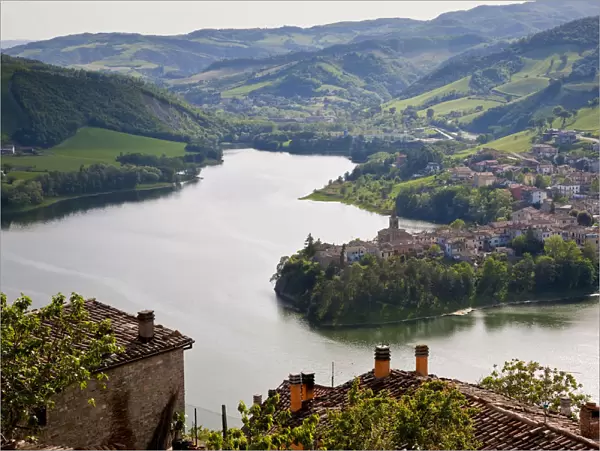 View over lake from Sassocorvaro village to Mercatale village, Marche, Italy