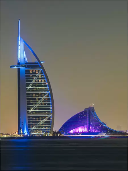 Night view of Burj al Arab and Jumeirah Beach Hotel, Dubai, United Arab Emirates
