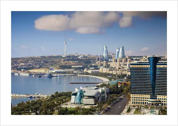 Azerbaijan, Baku, View of city looking towards Hilton Hotel, Park Bulvar shopping mall