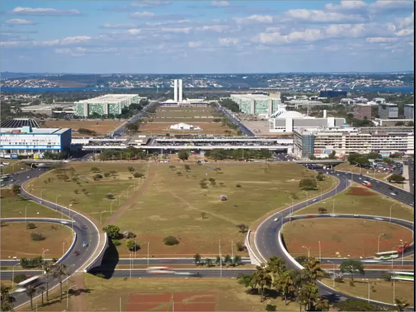Brazil, Distrito Federal-Brasilia, Brasilia, View of Eixo Monumental from the TV Tower